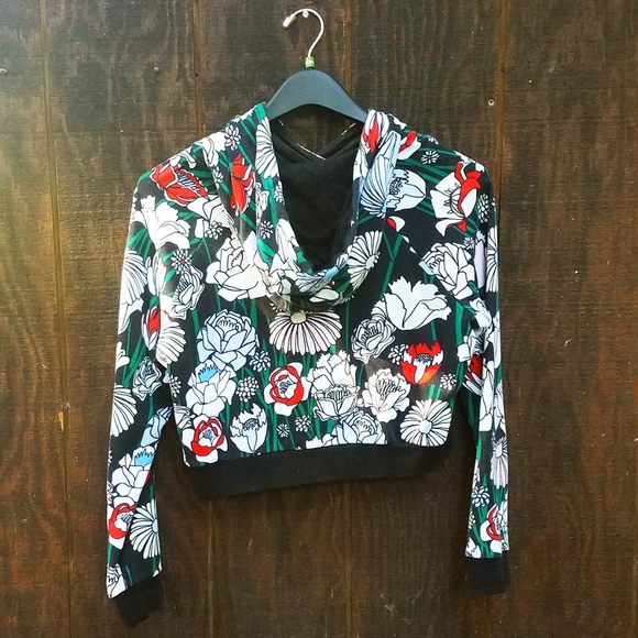 Adidas~Cropped Floral Hoodie~Black & White~Size M - Picture 4 of 5